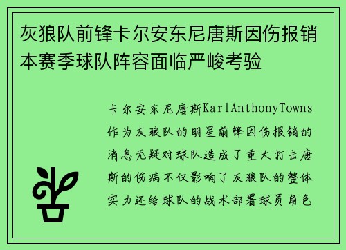 灰狼队前锋卡尔安东尼唐斯因伤报销本赛季球队阵容面临严峻考验