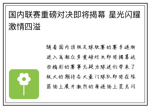 国内联赛重磅对决即将揭幕 星光闪耀激情四溢