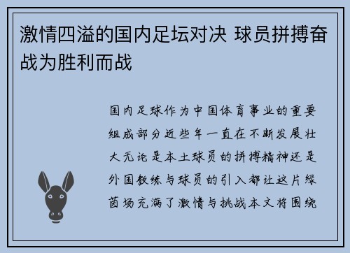 激情四溢的国内足坛对决 球员拼搏奋战为胜利而战